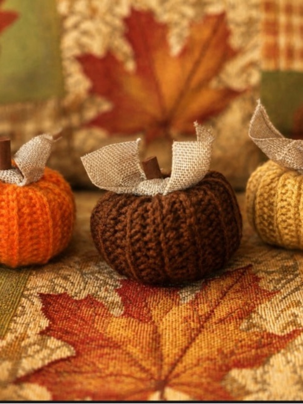 Cozy Brown Knit Pumpkin Accent with Burlap Leaf